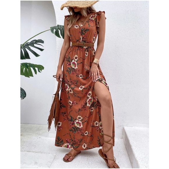 Boho Floral Print Butterly Sleeve Maxi Dress Cottagecore - Picture 4 of 9